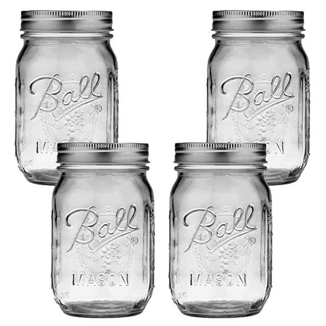 Regular Mouth Mason Jars 16 oz - (4 Pack) - Ball Regular Mouth Pint 16-Ounces Mason Jars With Airtight lids and Bands - For Canning, Fermenting, Pickling, Freezing, Storage + M.E.M Rubber Jar Opener Included