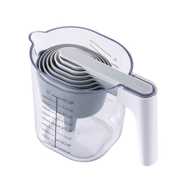 COOK WITH COLOR Measuring Cup Set - 9 PC. Nesting Stackable Liquid Measure Cup, Dry Measuring Cups and Spoons with Funnel and Scraper (Grey)