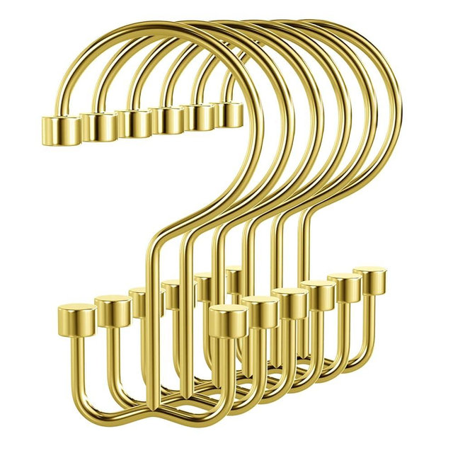 Bathway Shower Curtain Hooks Gold Shower Curtain Rings, 12 Pcs Metal Double Hooks Rings Rust Proof for Bathroom Shower Curtain Rod