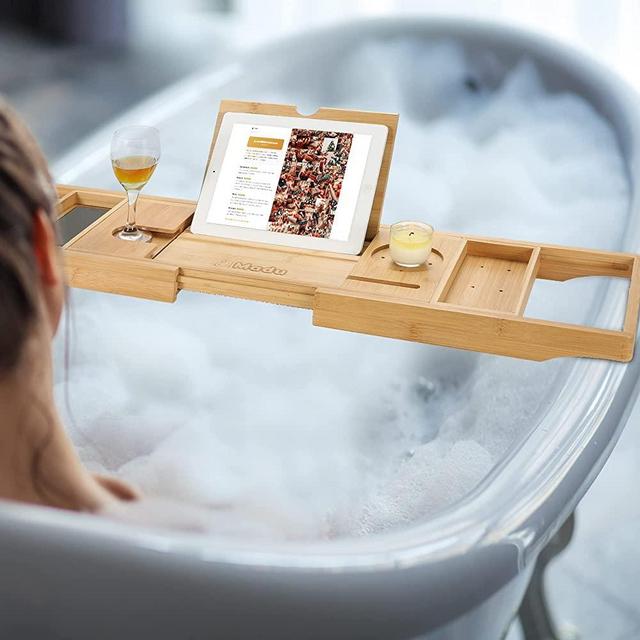 Bamboo Extension Tray for The Bathroom and Relaxation Tool for The Bath, with Holder for Cellphone, Tablet, Candles and More