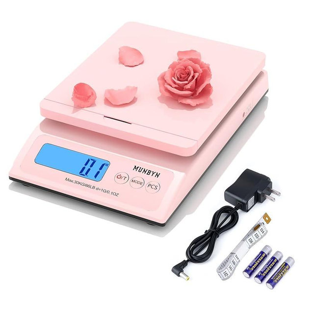 MUNBYN Shipping Scale, Accurate 66lb/0.1oz Postal Scale with Sweet Pink Style, Hold/Tear/PCS Function, Auto-Off, Battery & AC Adapter, Back-Lit LCD Display, Digital Scale for Packages and Food Pink