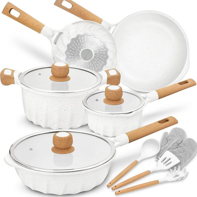 Pots and Pans Set with Cooking Utensil 13 Piece – White