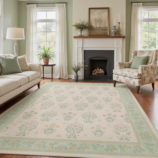 GENIMO Green Floral Area Rug 8x10, Flower Vintage Washable Rug with Non-Slip Backing, Soft Green Carpet for Living Room, Bedroom and Dining Room Green&Pink