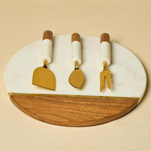 Marble Cheese Board with Wooden Thick Inlay - 3 Knife Set