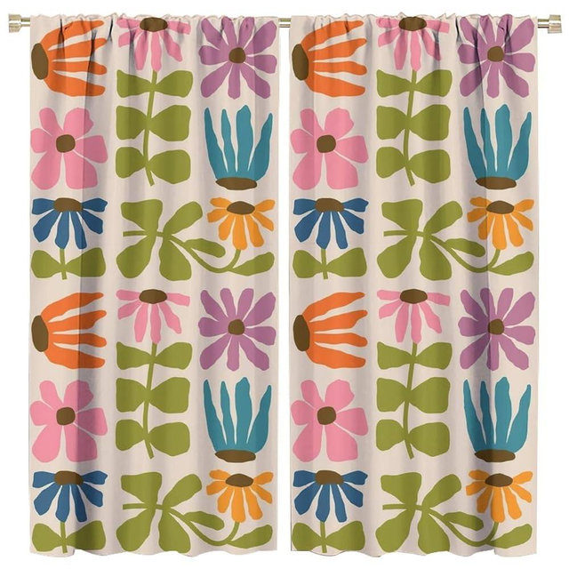 GoDazzling Abstract Retro Bohemia Floral Blackout Window Curtains, 60S 70S Vintage Boho Flowers Style Curtains, for Living Room Bedroom 21(W)*54(L) 2 Panels