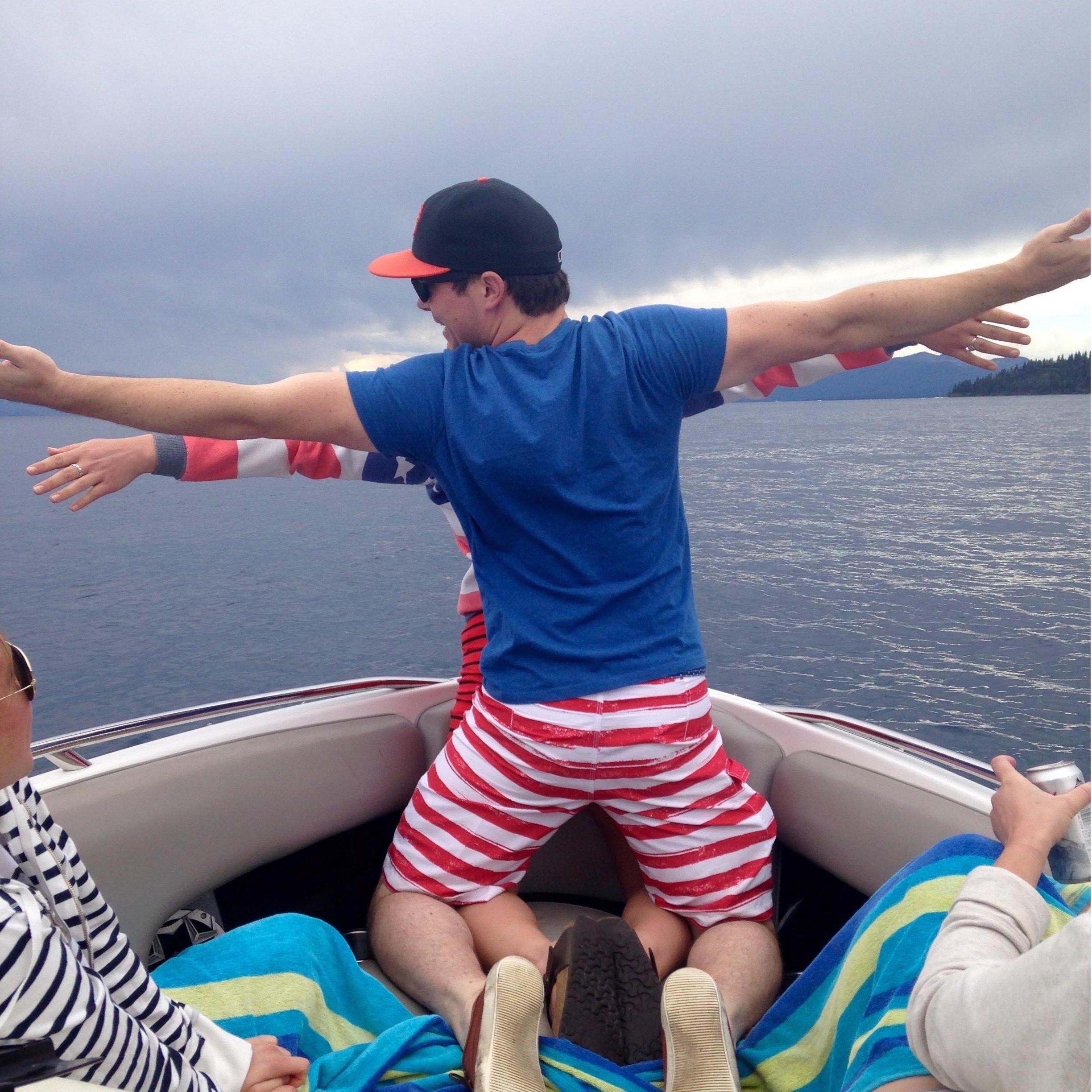 4th of July is one of our favorite holidays and we love spending it in Tahoe. We are recreating the scene from Titanic on this smaller, but thankfully still floating, boat!