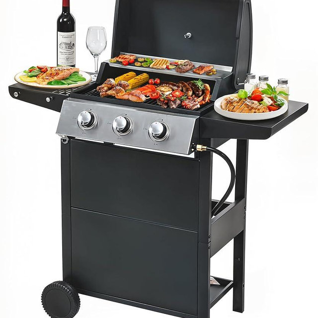 YIORTWO 3 Burner Propane Gas Grill, Stainless Steel BBQ Grill 30,000 BTU for Outdoor Cooking Kitchen, Garden and Patio Backyard Barbecue, Black and Silver