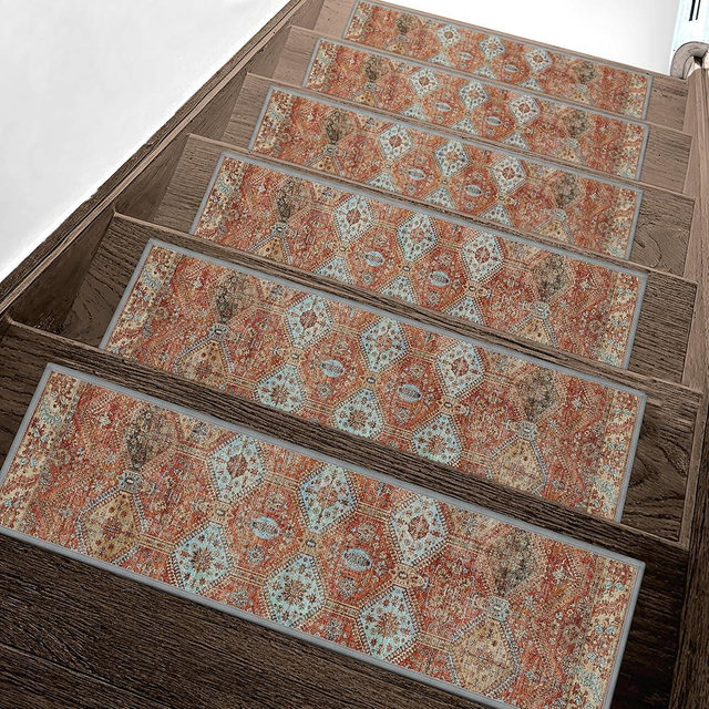 sarben Carpet Stair Treads Non Slip 15PCS, 8" X 30" Edging Stair Runner for Wooden Steps Indoor, Resistant Stair Rugs with Reusable TPE Adhesive Backing, Residue Free Safety Mat for Kids, Elders, Rust