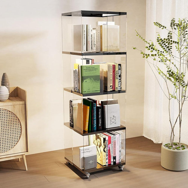 Ageszoe 4 Tier Rotating Bookshelf with LED Lights Clear Acrylic Revolving Corner Bookcase on Wheels 360° Spinning Bookshelf Tower for Small Space, Playroom, Study Room, Living Room or Bedroom(Black)