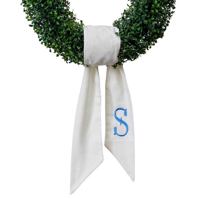 Monogram Wreath Sash for Front Door, White Embroidered Linen Wreath Sash, Porch Accessory for Xmas Party Yard, Wedding, and Boxwood Decoration, Indoor Outdoor Décor - (S)