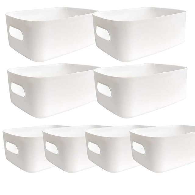 8 Pack Plastic Storage Bins and Baskets, White Storage Bin Pantry Organizer Bins, Storage Baskets Storage Containers for Kitchen Cupboard, Bathroom, Office, Under Sink Organizer, 4 Large and 4 Middle