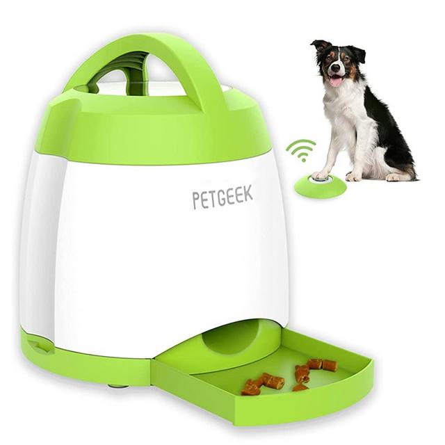 PETGEEK Treat Dispenser Dog Toys, Automatic Pet Feeder with Dual Power Supply and Remote Control, Dog Puzzle Toys and Interactive Dog Toys in One for Indoor or Outdoor Play