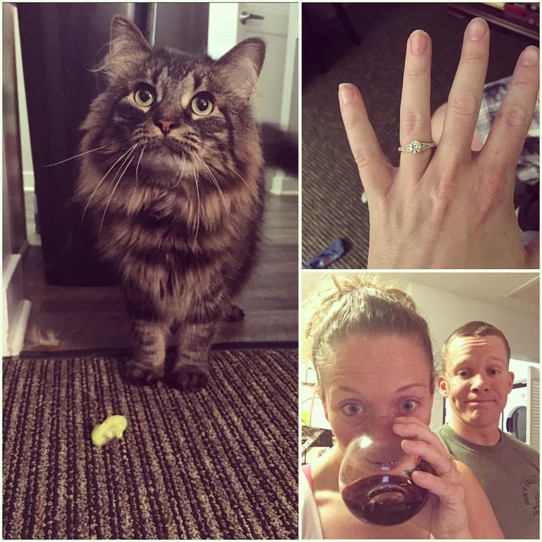 The night we got engaged. Arya, the pipe cleaner, and the ring.