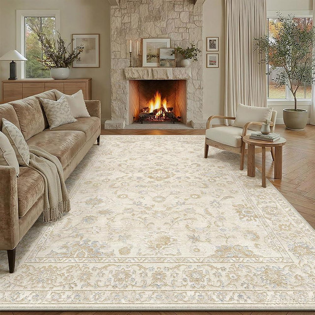 WondRg 8x10 Beige Washable Area Rug for Living Room Bedroom Neutral Soft Floral Non Slip Large Throw Rug Lightweight Vintage Low Pile Distressed Carpet Office Playroom Dining Room Home Decor