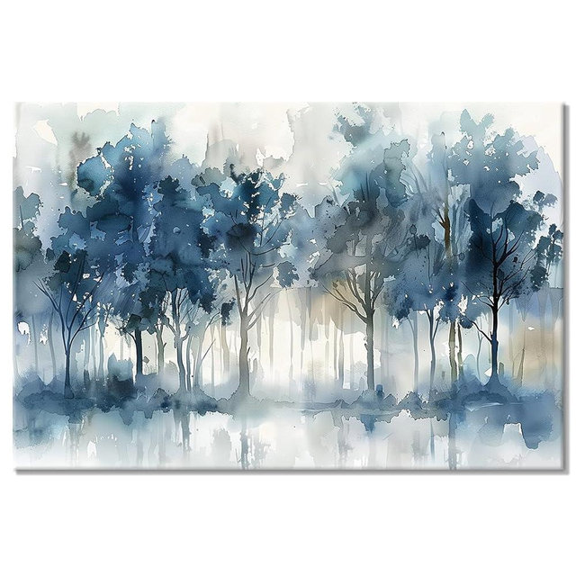 ArtNFT Abstract Watercolor Forest Canvas Wall Art, Misty Blue And Grey Toned Trees Landscape Painting For Bedroom Bathroom, Modern Farmhouse Botanical Living Room Kitchen Home Wall Decor (Watercolor Tree04, 18x24in)