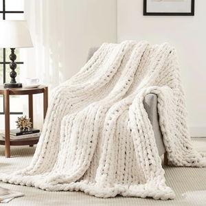 L'AGRATY Chunky Knit Blanket Throw,Soft Chenille Yarn Throw Blanket 50x60，Handmade Cable Knit Crochet Blanket,Large Knit Blankets Chunky Yarn,Rope Knot Throw Blanket for Couch Sofa Bed Home Decor