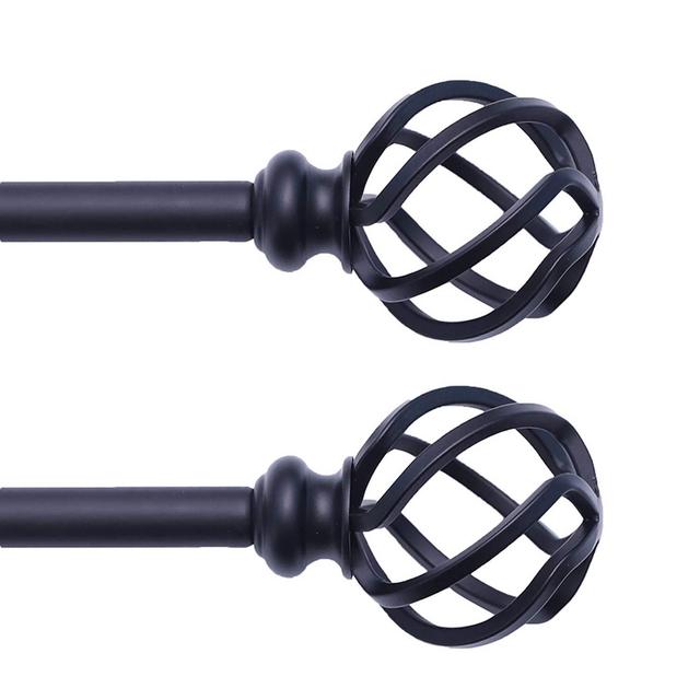 QITERI Curtain Rod Black 2 Pack for windows with Twisting Cage Finials, 3/4" Decorative Single Window Rod 48"-86" with Twisting Cage Finials, Black Drapery Rod of Window Treatment,2 Pack
