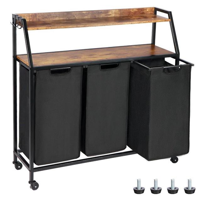 Laundry Hamper, Laundry Sorter 3 Section, Rolling Laundry Basket with Wheels, 2 Shelves, 3 × 14.5 Gal, Pull-Out and Removable Laundry Bags, for Laundry Room, Black and Rustic Brown