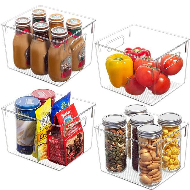 4 Pack Clear Plastic Storage Bins - Refrigerator Organizer Bins Pantry Organization & Storage Bins with Handle,Food Storage Containers for Fridge Freezer Cabinet Kitchen Bathroom Countertop Office