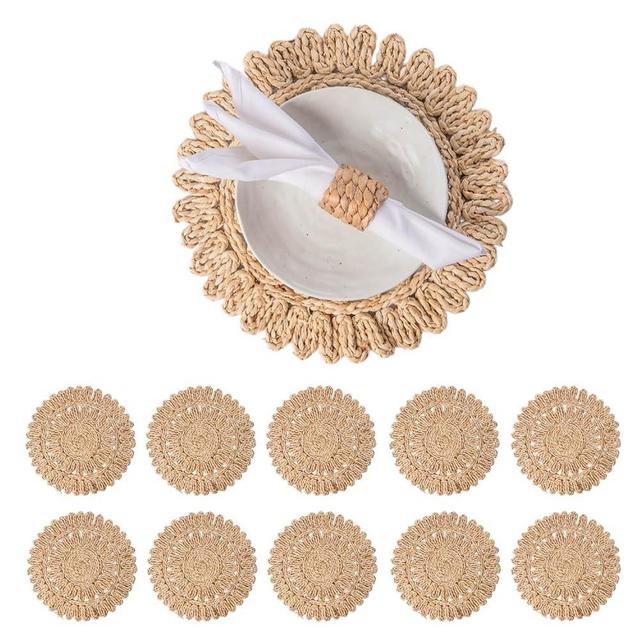 Laquedecraft 13.8" Set of 10 Round Corn Husk Placemats | Boho Woven Rattan Placemats | Farmhouse Spring Placemats | Wicker Plate Chargers Like Water Hyacinth, Seagrass Table Mats