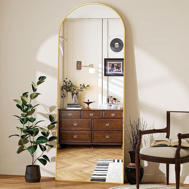 Riskioir Full Length Mirror 65"x24" Arched Standing Mirror Floor Mirror and Wall Mirror with Aluminum Frame - for Standing, Leaning or Hanging, for Bedroom & Living Room, Gold