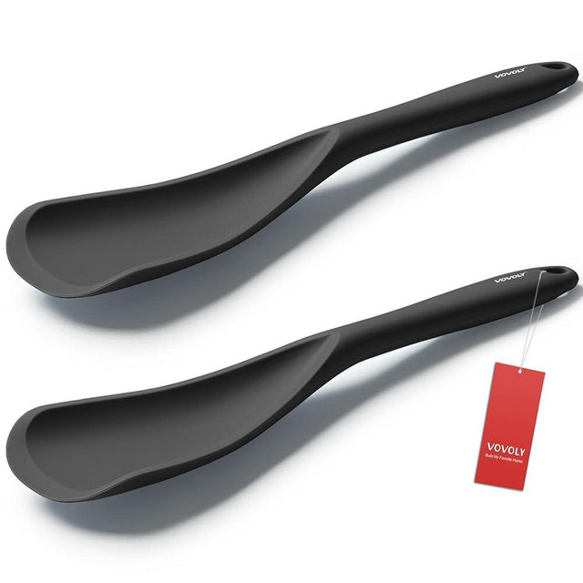Cooking Spoon for Nonstick Cookwares, VOVOLY Silicone Spoon for Mixing, Scoop, and Scrape,Seamless Design, 12.6'', 2 Pack, Black