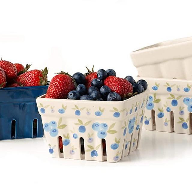 Farmhouse Ceramic Berry Basket, Colander, Farmers Market square Bowl. Rustic Kitchen decor fruit bowls, Fruit Baskets, Bleu White and Blueberry pattern Stoneware Harvest Bowls Set of 4
