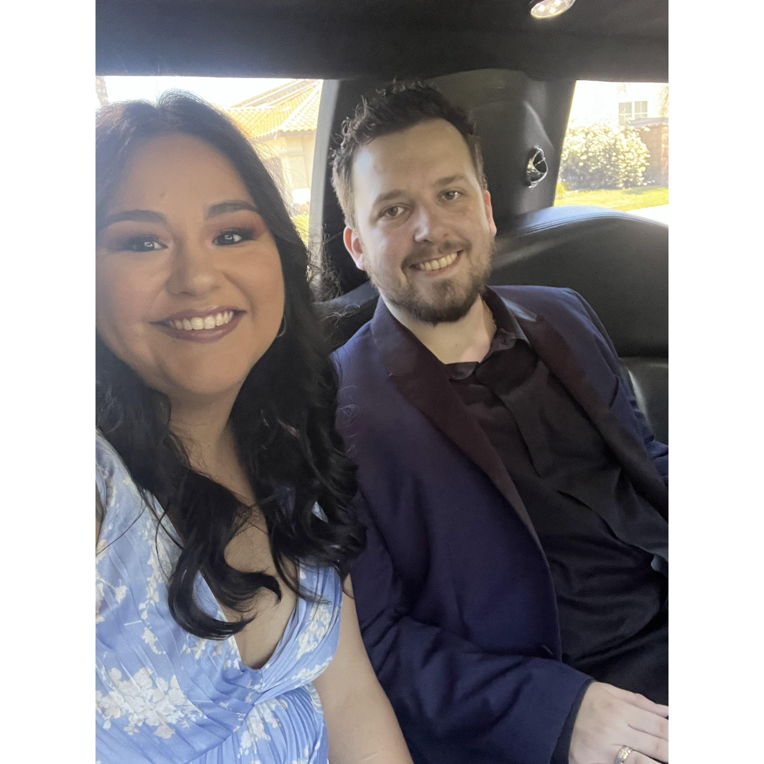 Having fun in the limo on proposal day!