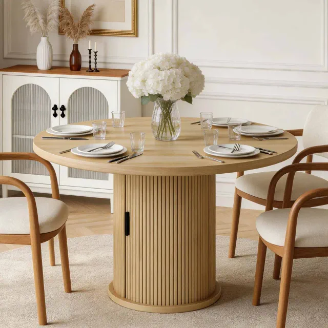 47 Inch Round Dining Table for 4, Kitchen Table with 2-Layer Storage Shelf and a Drawer, Farmhouse Circle Dinner Table