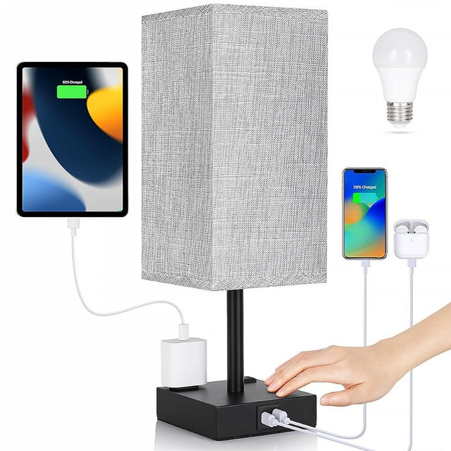 Bedside Lamp with USB Ports - Touch Control Table Lamp for Bedroom with USB C+A Charging Ports & AC Outlets, 3 Way Dimmable Nightstand Light for Living Room (LED Bulb Included, Grey)