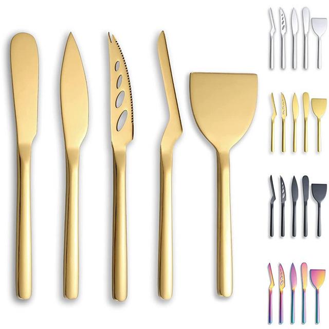 Berglander Gold Cheese Knife Set of 5 for All Types of Cheese, Golden Titanium Plating Cheese Cutter Slicer Ergonomic Design for Confortable Grip and Cut, Butter Spreader Knife
