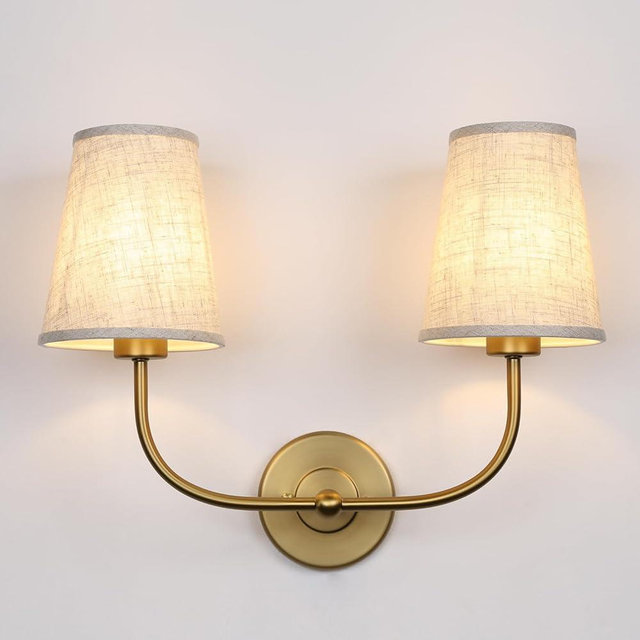 JIMUBEAM 2-Lights Wall Sconces with Funnel Linen Fabric Shades, Double Light Wall Lamps for Bedroom Living Room Vanity Bathroom Hallway Stairway