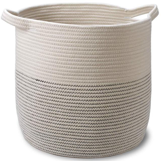 Large Cotton Rope Basket - 15 x 15 x 16 Inch - Decorative Storage Basket Laundry Hamper for Sofa Throws, Pillows, Toys, Clothes, Towels, Shoes