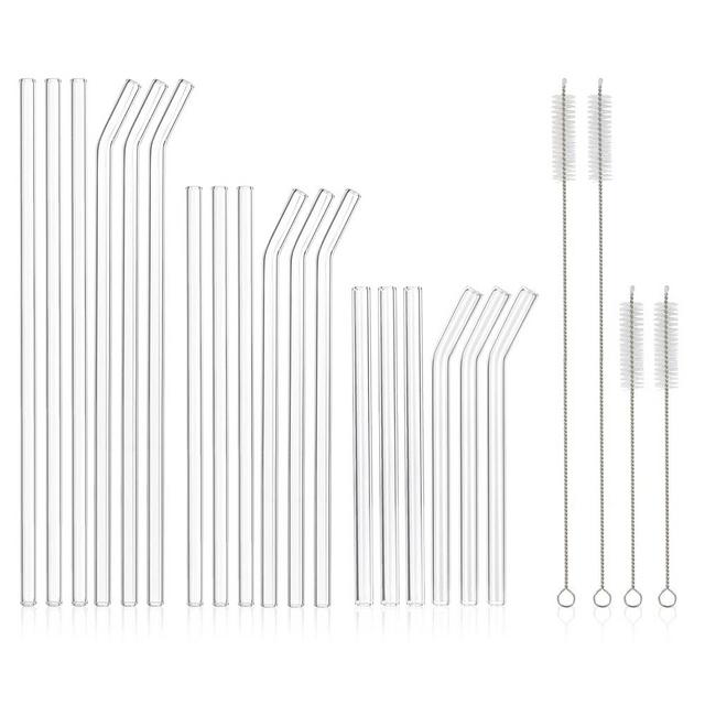 [22 Pcs] Reusable Glass Straws Shatter Resistant - Size 12"x8mm,9"x8mm,6"x8mm Including 9 Straight and 9 Bent Clear Glass Straws with 4 Cleaning Brush for 20 30 40 oz Tumblers,Cocktail,Coffee,Juice