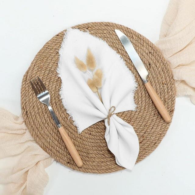keypan White Cloth Napkins Washable, Linen Cotton Table Rustic Fabric Napkins Bulk with Fringe for Thanksgiving Dinner Wedding Party Set of 8 17x17 inch