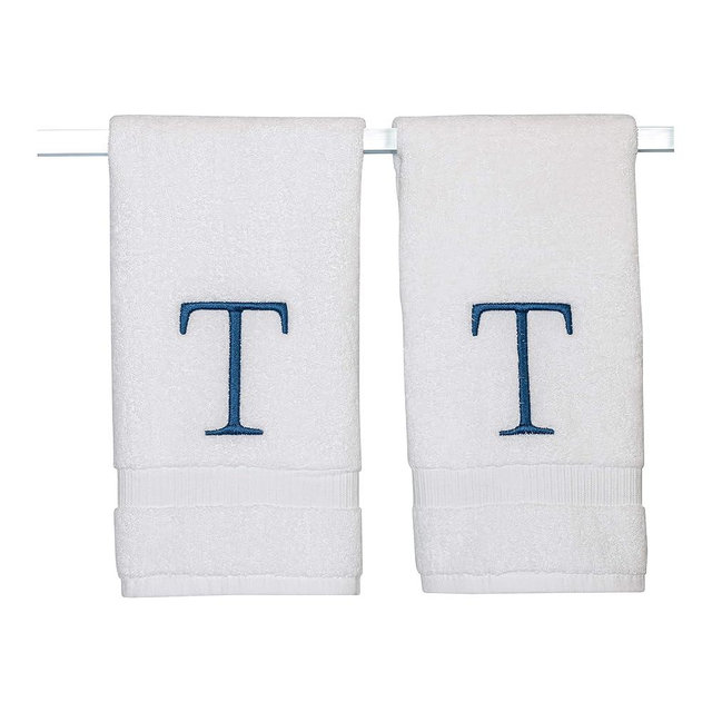 Monogrammed Hand Towels for Bathroom - Luxury Hotel Quality Personalized Initial Decorative Embroidered Bath Towel for Powder Room, Spa - GOTS Organic Certified - Set of 2 Navy Letter T