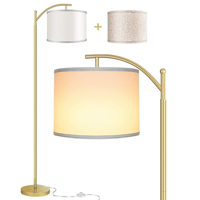 Rottogoon Floor Lamp for Living Room, LED Standing Lamp with 2 Lamp Shades Tall Industrial Arc Floor Lamp Reading for Bedroom, Office, Study Room (9W LED Bulb, Beige & White Shades Included) - Gold