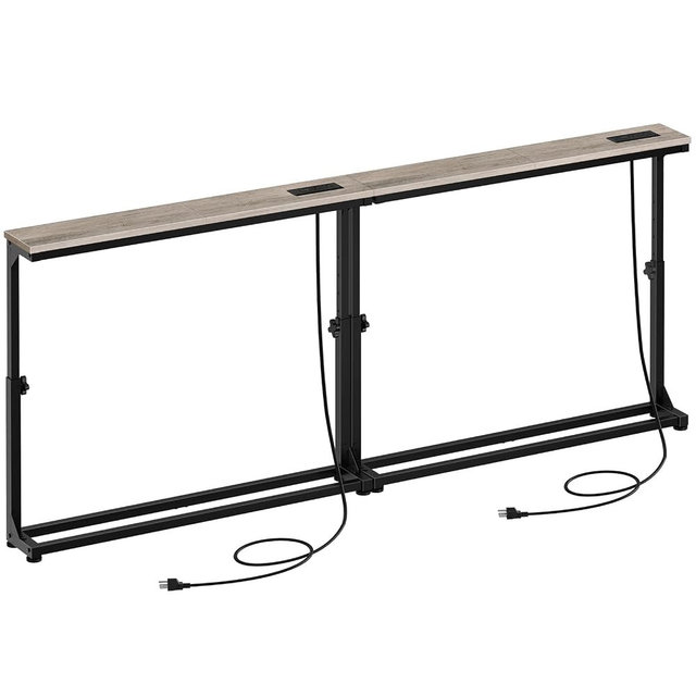HOOBRO Narrow Console Table Set of 2 with Charging Station, Adjustable Height Sofa Table (25''-32.9''), Slim Behind Couch Table for Small Spaces, Entryway, 78.8" Greige and Black BG95UXGP201
