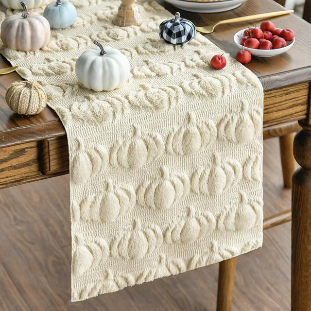 Artoid Mode Beige Soft Plush Faux Fur Jacquard Pumpkins Fall Table Runner, Seasonal Autumn Kitchen Dining Table Decoration for Home Party Decor 13x90 Inch