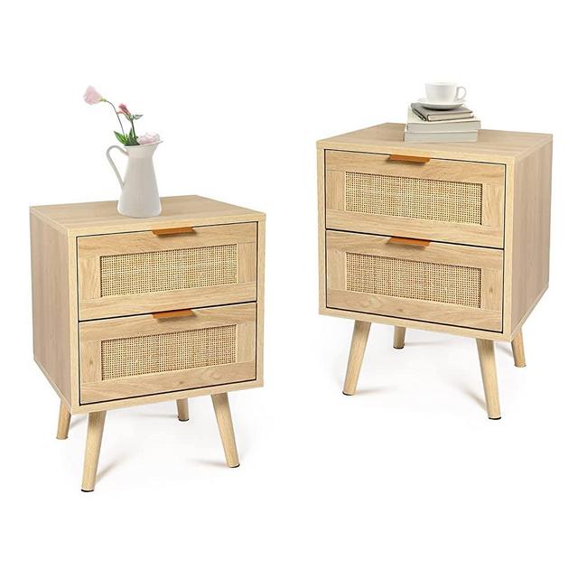 HOPUBUY Nightstands Set of 2 with Rattan Drawer, Modern Night Stand for Bedrooms, Wooden 2 Drawer Bedside Table Side Table for Small Place Living Room and Bedroom