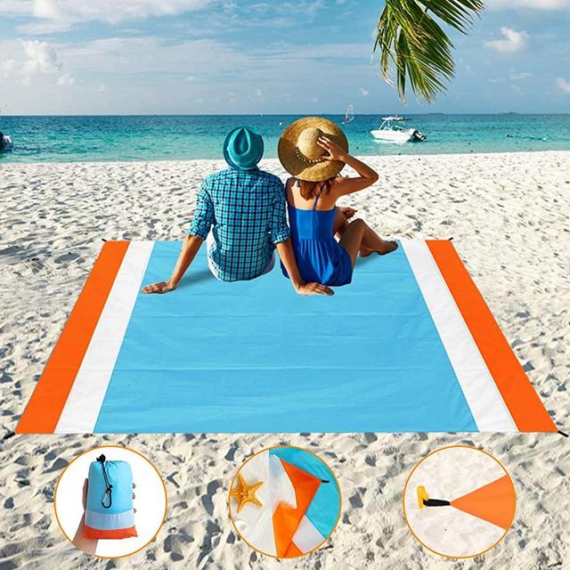 Sand Free Beach Blanket, Aitey Waterproof Beach Mat Compact Outdoor Blanket Ideal for Picnic, Travel, Hiking, Camping and Music Festivals with 4 Stakes, 4 Corner Pockets and Bag - 82"x 79"