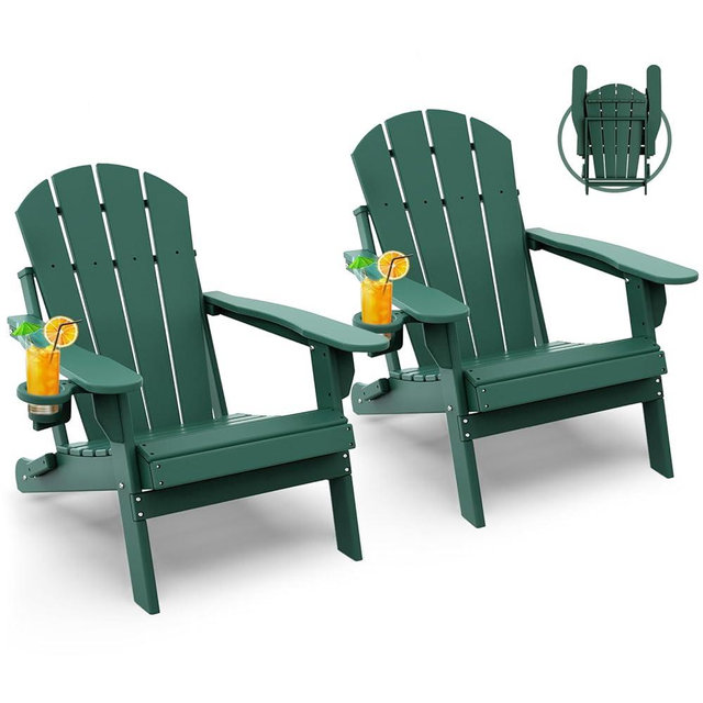 GREENVINES Folding-Adirondack-Chairs-Set-of-2 | HDPE Plastic | Fire Pit Chair | All Weather | Cup Holder | Forest | for Deck Backyard Patio Outdoor Garden