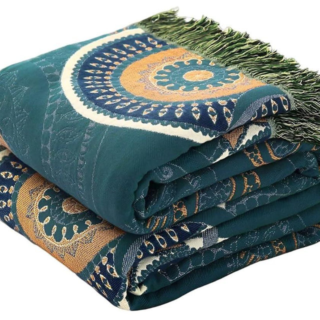 Ffdshc Boho Throw Blankets for Bed Couch, 100% Organic Cotton Breathable Woven Throw Blankets 80"x90", Versatile Teal Boho Quilt for Travel Picnic,Home Decor Lightweight Farmhouse Muslin Blankets