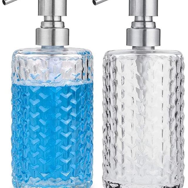 AmazerBath Soap Dispenser, 2 Pack Glass Soap Dispenser, 13.5 Oz Hand Soap Dispenser with Pump Stainless Steel, Bathroom Soap Dispenser Bottle for Liquid Lotion, Soap Dispenser for Kitchen Sink