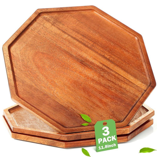 Sabary 3 Pieces Christmas Acacia Wood Serving Tray Wooden Octagon Bread Fruit Platter Large Decorative Plates Charcuterie Cheese Platter Board Vegetable Food Dish for Salad Pizza Cupcakes(12")