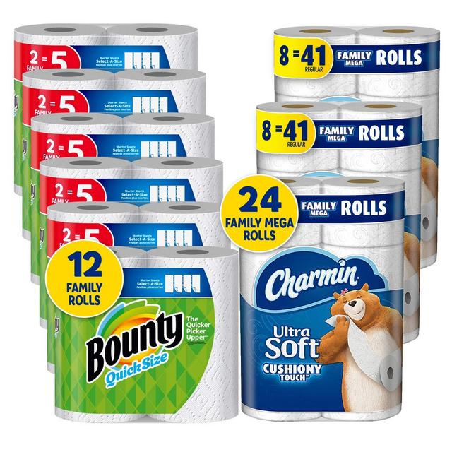 Charmin Ultra Soft Cushiony Touch Toilet Paper, 24 Family Mega Rolls and Bounty Quick-Size Paper Towels,12 Family Rolls, Bundle