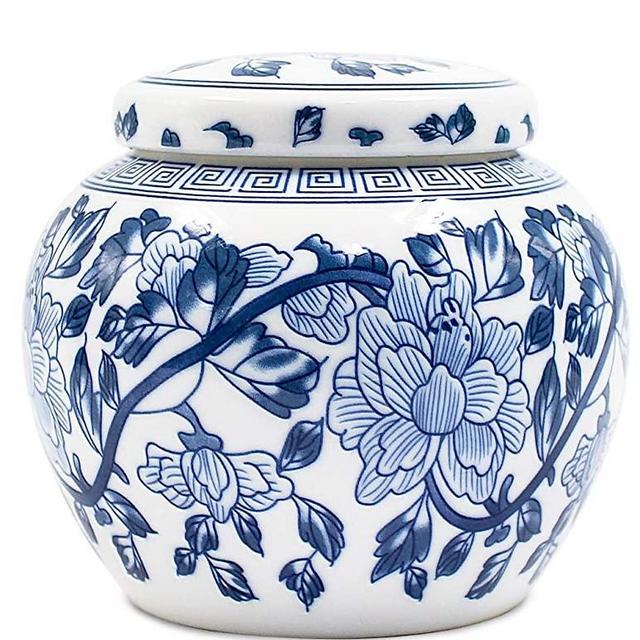 Dahlia Vintage Floral Blue White Embossed Porcelain Tea Tin/Tea Storage/Tea Caddy, Flower