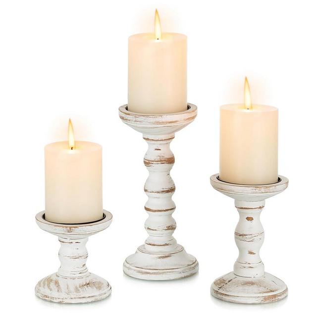 Romadedi Wood Candle Holders for Pillar Candles - Set of 3 Tall Farmhouse Wooden Candlestick Holder, Rustic Candle Stand for Fireplace Mantle Shelf Table Home Decor, Brown Whitewashed 3.9"/6"/ 8.3"