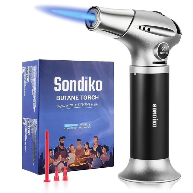 Sondiko Blow Torch, Butane Torch Lighter, Refillable Creme Brulee Torch with Adjustable Flame, Safety Lock for Soldering, Kitchen, Welding, Butane Gas Not Included