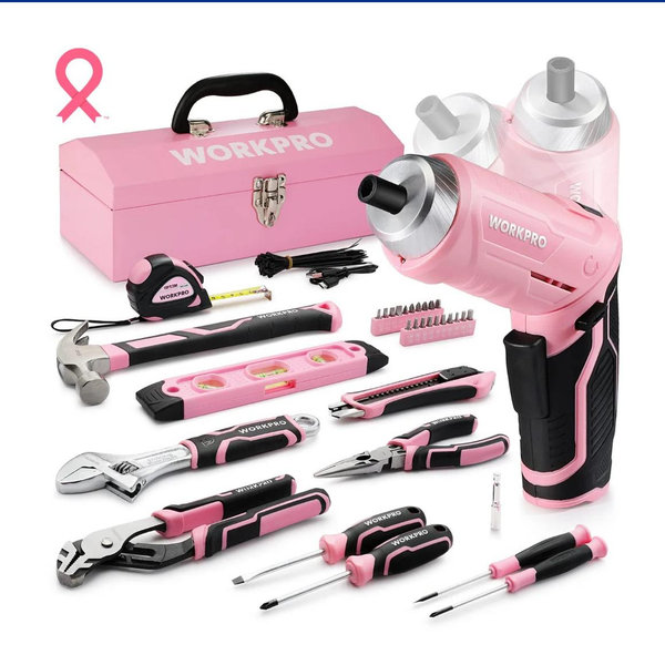 WORKPRO 55 Pcs/75 Pcs Pink Household Tools Set, 3.7V Rotatable Cordless Screwdriver - Pink Ribbon